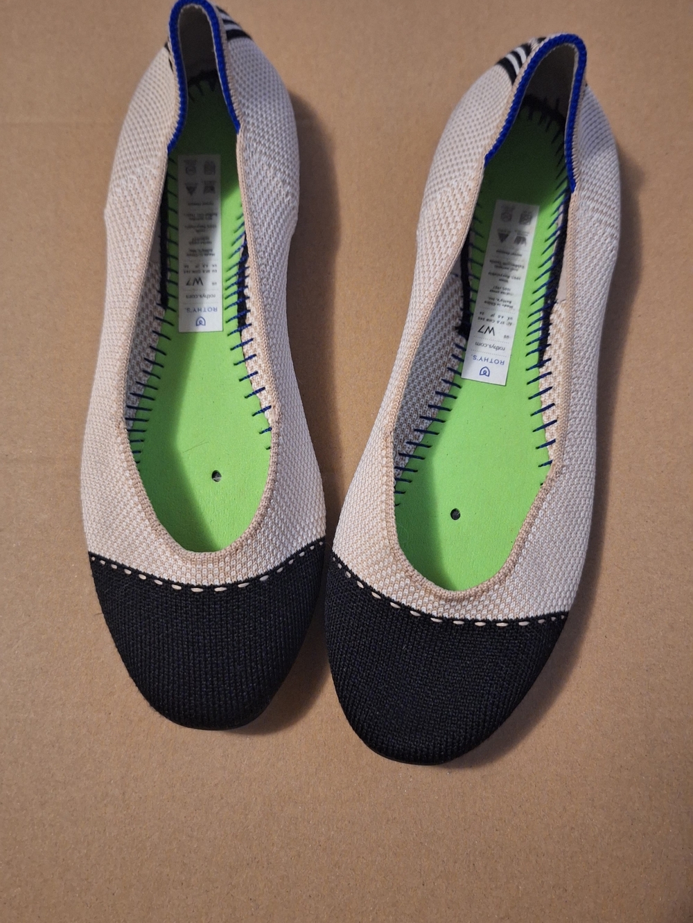 Rothy's Two-Tone Knit Ballet Flats in Black & Beige with Blue Trim